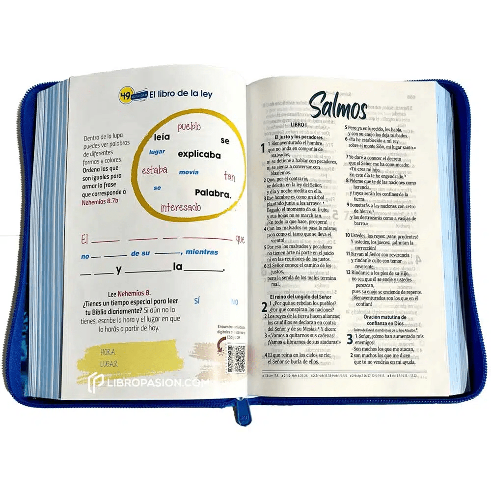 BIBLIA RVC062cZLGPJR L 12p 13x21 CONCORDACIA CIERRE PJR TAPA PLASTICA AZUL VALIENTES CON JESUS QR