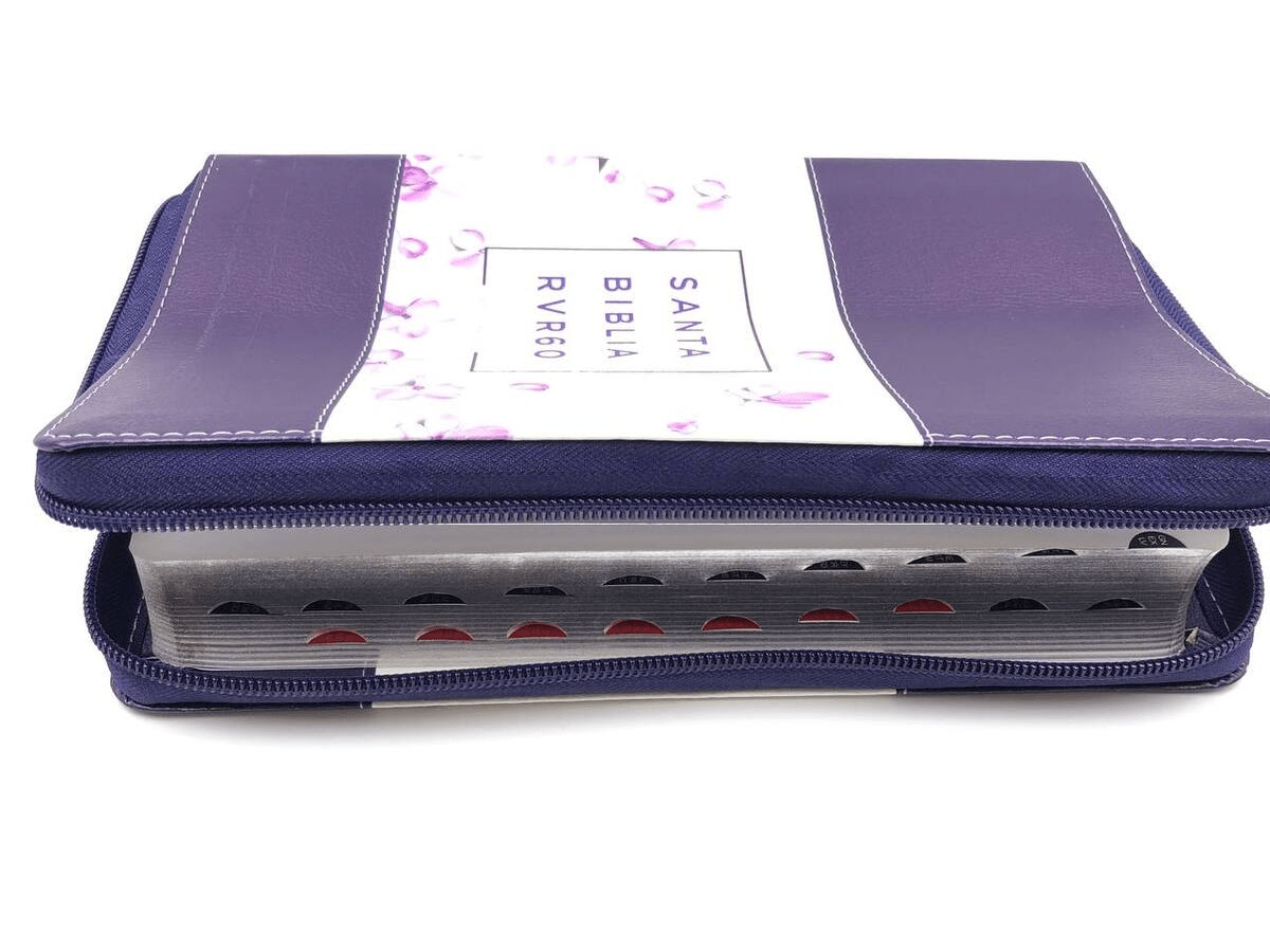 Biblia Reina Valera 1960 · 13,8x21,2 cm · Letra grande 12,5 pt · Con cierre e índice · Diseño tricolor lila con flores
