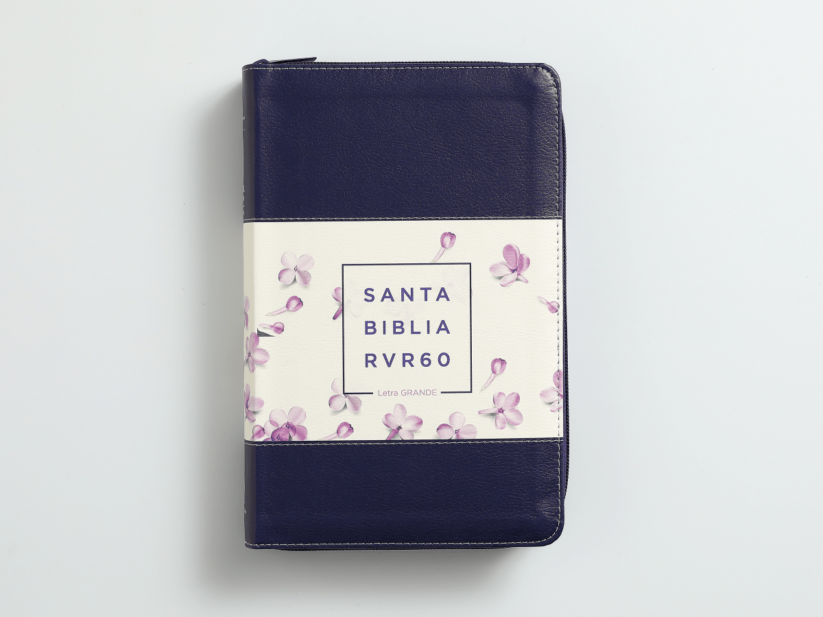 Biblia Reina Valera 1960 · 13,8x21,2 cm · Letra grande 12,5 pt · Con cierre e índice · Diseño tricolor lila con flores
