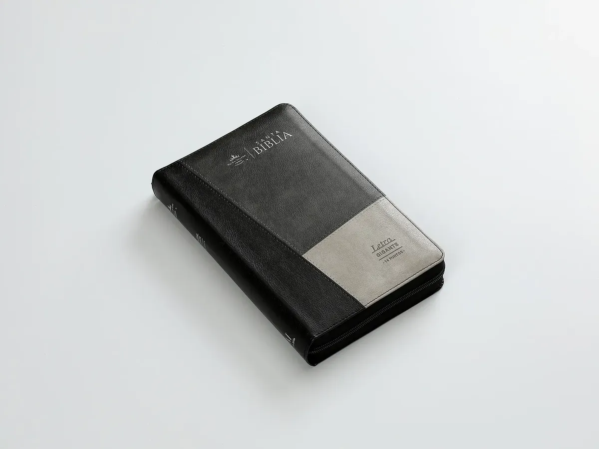 Biblia Reina Valera 1960 · 13,8x21,2 cm · Letra gigante 14 pt · Con cierre e índice · Colección Iconic negro y gris