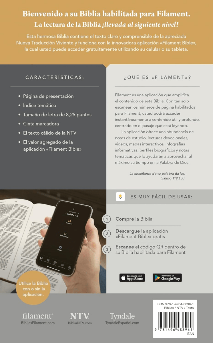 Biblia Nueva Traducción Viviente (NTV), Letra 8,25 Pt, 13,5×21,5, Con Filament, Tapa PU, Marrón