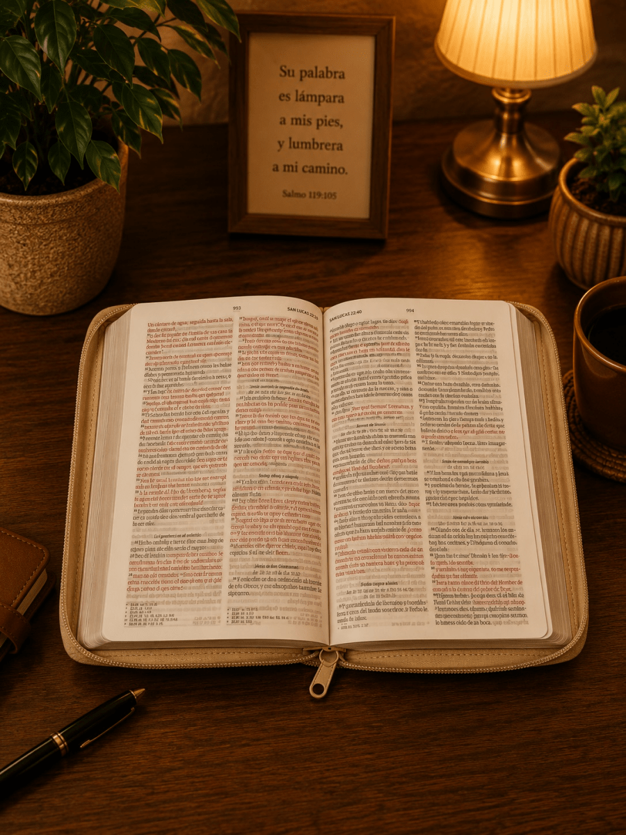 Biblia Reina Valera 1960 – Con Concordancia – Letra 11 pts – 16x23 cm – Palabras de Jesús en Rojo – Cierre – Beige con Hojas
