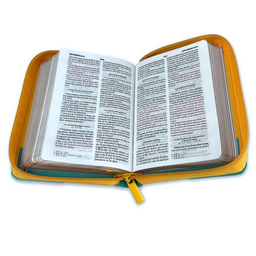 Biblia Reina Valera 1960 · 10x14 cm · Letra pequeña 8,5 pt · Con cierre · Tapa imitación piel · Colección Primor flores amarillo y turquesa