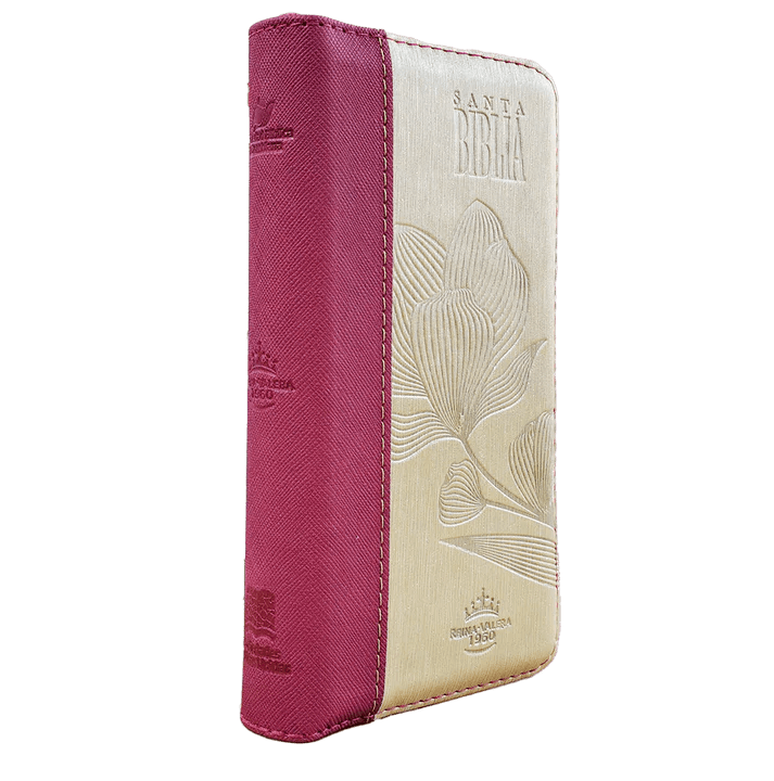 Biblia Reina Valera 1960 – 036 – Con Concordancia – Letra 8 pts – 8,5x16,5 cm – Palabras de Jesús en Rojo – Cierre con Índice – Tapa PU Rosa/Beige